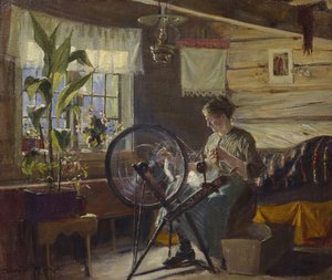 Woman in Farmhouse Interior by Gustav Wentzel