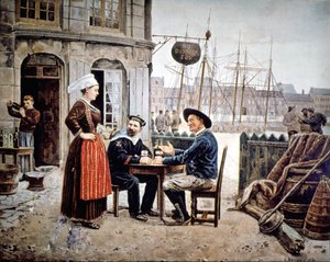 2 men (a sailor and a Breton fisherman) in a bar chatting with a Breton waitress, Saint Malo
