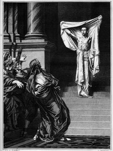 San Sebastian and the Roman Emperor Maximian Hercules (Marcus Aurelius Valerius Maximianus) (250 - 310). Engraving after a painting by Gustave Boulanger (1824-1888) presented at the Salon of 1877.