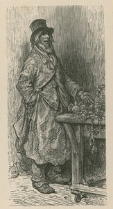 A man stands selling his wares from a market stall by Gustave Dore