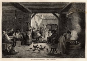 A Sale (Inn) in Estremadure, Welcoming Workers and Travellers as Well as Various Pets. Engraving to Illustrate the Voyage to by Gustave Dore