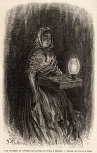 A saleswoman of wax matches, sketch on live in the Puerta del Sol, in Madrid. Engraving by Gustave Dore (1832-1883) to illustrate his trip to Spain by Gustave Dore