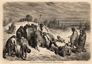 A Troupe of Beggars and Infirm, a Veritable Court of Miracles, is Headed for a Diligence to Ask for Alms in the Vicinity of Almuradiel (Mancha Province). Drawing by Gustave Dore (1832-1883). Engraving to Illustrate the Voyage in Spain, in 1862 by Charles by Gustave Dore