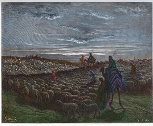 Abraham Journeying Into the Land of Canaan - Abram settled in the land of Canaan - engraving in The Bible illustree by Gustave Dore - Engraving from The Dore Bible by Gustave Dore