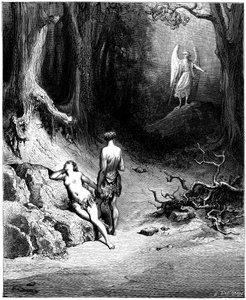 Adam and Eve are hunting from Paradise. Illustration by Gustave Dore for “Paradise Lost” by John Milton. Engraving from 1866. Private Collection by Gustave Dore