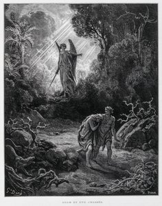 Adam and Eve banished from the Garden of Eden by an angel, Illustration from the Dore Bible