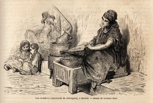 An open-air chestnut merchant, with her portable oven, sketch on the vivid in the Puerta del Sol, in Madrid. Engraving by Gustave Dore (1832-1883) to illustrate his trip to Spain, with Ch. Davillier (editor), in 1862, published in 