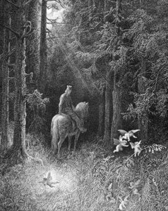 As He Crossed the Dark Forests, He Himself Saw 3 Spirits Crazy with Joy Jumping to the Side of the Road on a Large Flower (A Knight of the Round Table Meeting the Three Spirits in the Forest of Broceliande) - in 