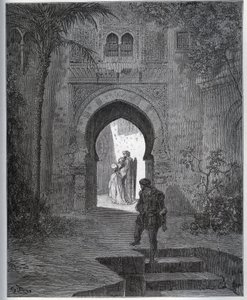 Captive Story. First Encounter of the Captive with Zoraide in the Garden of the Father, Who Brings Her Back After His Malaise Feint - from "Don Quixote de la Mancha" by Miguel Cervantes by Gustave Dore