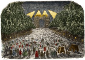 Crowd admiring the electric lighting of the Arc de Triomphe and the Champs Elysees in Paris on October 26 and 27 by Gustave Dore