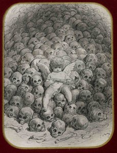 Cupid with a Pistol on Top of a Mountain of Skulls by Gustave Dore