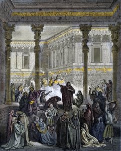 Daniel confounding the priests of Baal - engraving in “The Bible Illustrated” by Gustave Dore - Engraving from “The Dore Bible” by Gustave Dore
