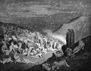 Dante Alighieri Inferno, first part of his Divine Comedy 1863. Canto XIV: Third compartment of the seventh circle where three kinds of violence punished: against God, against Nature and against Art. by Gustave Dore