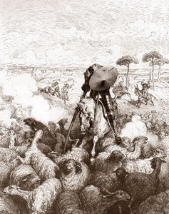 Don Quixote Attacks the Flock of Sheep (Engraving by Gustave Dore for 