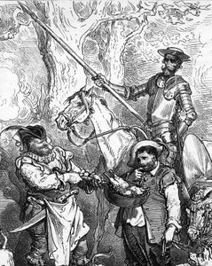 Don Quixote throws by hand and rides on his horse Rossinant is ready to go on adventure. His faithful squire, the gourmet Sancho Panza, hesitates in front of a good meat dish. Detail of an Engraving by Gustave Dore illustrating