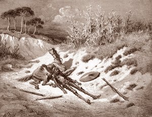 Don Quixote After His Beating, Quixote Calls for His Ideal Lady Dulcinea del Toboso (Engraving by Gustave Dore for 