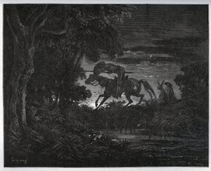 Don Quixote and Sancho Panza at the beginning of the adventure in a thick and unknown forest - from 
