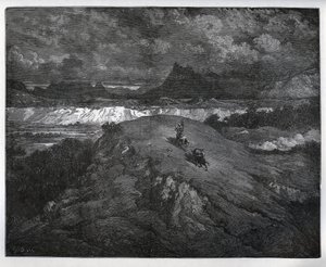 Don Quixote and Sancho Panza continuing their adventures in a mountainous region, Sierra Morena - from 
