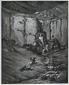 Don Quixote and Sancho Panza discover what caused their concern, a waterfall and a mill a foulon - from 