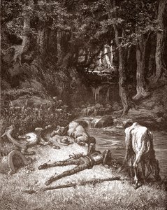 Don Quixote and Sancho Panza Refresh Themselves at a Brook, Engraving by Gustave Dore for 