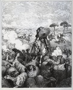 Don Quixote attacks a herd of sheep, believing he was dealing with the army of Alibanfaron of Taprobana - from 