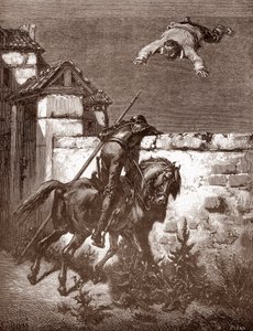 Don Quixote Fails to Stop the Launchers of Sancho Panza, Engraving by Gustave Dore for 