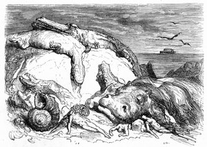 Engraving by Gustave Dore around 1850: Evocation of an Apocalyptic Deluge Combining Biblical Tradition (One Can See in the Distance the Ark of Noah on the Sea) and the Beginning of Scientific Knowledge (Various Monstrous Animals Failed on the Mountain) by Gustave Dore