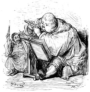 Gargantua Education: The Young Gentleman Learns to Play Flute with His Music Teacher. Engraving by Gustave Dore Illustrating the Work of Rabelais. by Gustave Dore