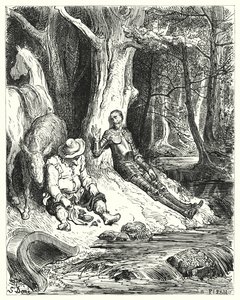 A clear fountain, which Don Quixote and Sancho found among some verdant trees, served to refresh them by Gustave Dore