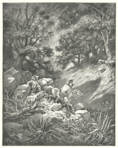 But pray, sir, quoth Sancho, is it a good law of chivalry that says we shall wander up and down, over bushes and briars, in this rocky wilderness? by Gustave Dore