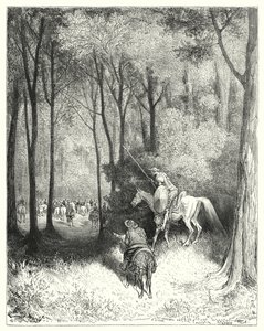 Don Quixote descried a company, whom, upon a nearer view, he judged to be persons of quality by Gustave Dore