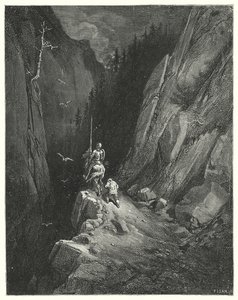 Don Quixote: "Don Quixote was transported with joy to find himself where he might flatter his ambition with the hopes of fresh adventures" by Gustave Dore