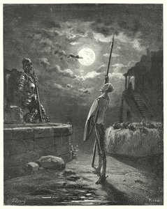 Don Quixote: "He began to walk about by the horse-trough with a graceful deportment" (engraving) by Gustave Dore
