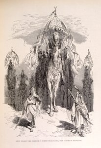 Illustration of an oriental camel train with servants and carriage
