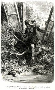 Jacquemin Lampourde, the gun in his hand, came at a point in the battle. Engraving by Gustave Dore illustrating the picaresque novel of cape and epee by Theophile Gautier 