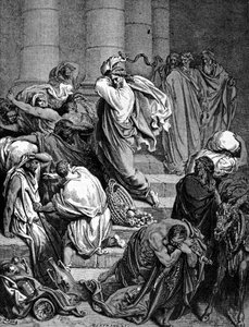 Jesus Christ chases the merchants of the Temple. Illustration by Gustave Doré
