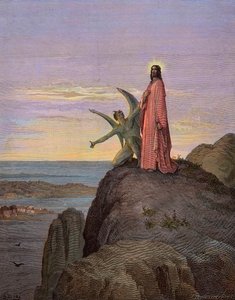 Jesus in the desert, subjected to the temptation of the devil - The temptation of Christ - Satan tempted Jesus - engraving by Gustave Dore - later colouring by Gustave Dore