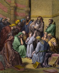 Jesus with the Doctors in the Temple - Jesus at the Temple among the Doctors - engraving by Gustave Dore - later colouring by Gustave Dore