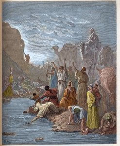 Moses brings forth water from the rock - Book of Exodus (Bible) - engraving in The Bible illustree by Gustave Dore - Engraving from The Dore Bible by Gustave Dore