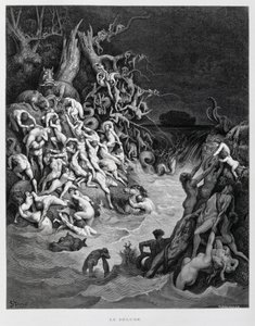 Noah and His Ark Escape as the Great Flood Envelopes the Earth, Illustration from the Dore Bible by Gustave Dore