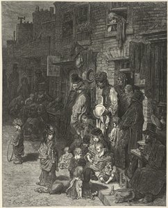 People standing and sitting outside their houses, in a street, from 