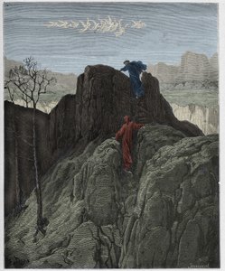 Purgatorio, Canto 4: Virgil leads Dante up the rugged mountainside (illustration from The Divine Comedy by Dante Alighieri) by Gustave Dore