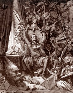 Representation of Don Quixote in his library surrounded by the creatures of his books Engraving by Gustave Dore for L