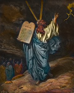 Representation of Moses with the new Tablets of the Law on Mount Sinai - engraving by Gustave Dore (1832-1883) - later colouring by Gustave Dore