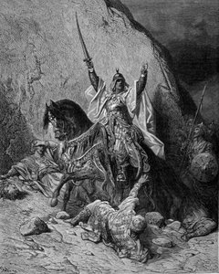 Saladin (1138-1193) (Salah al Din Yusuf al-Ayyubi) at the head of his troops against the Crusaders (engraving by Gustave Dore)