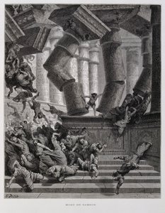 Samson destroys the temple of Baal, Illustration from the Dore Bible
