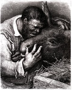 Sancho Panza cries while kissing his donkey by Gustave Dore