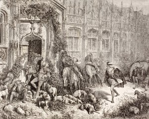 Scene from Sleeping Beauty by Charles Perrault. From El Mundo Ilustrado, published Barcelona, circa 1880. by Gustave Dore