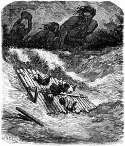 Sindbad the Sailor (Sinbad) - Tale of the Thousand and One Nights - Illustration by Gustave Dore - Edition Maxwell 1865 - Third Voyage: Sindbad and His Companions Pursued by Giants Who Throw Huge Stones at Them