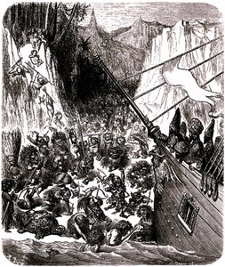 Sindbad the Sailor (Sinbad) - Tale of the Thousand and One (1001) Nights - Illustration by Gustave Dore - Third Voyage: A Tempest Throws the Ship of Sindbad and His Companions on an Island Where They Are Assaulted by a Multitude of Tiny and Hideous Beings